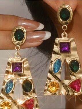Gold-Tone Multi-Colored Gem Drop Earrings - Green, Purple, Blue, Pink, Yellow